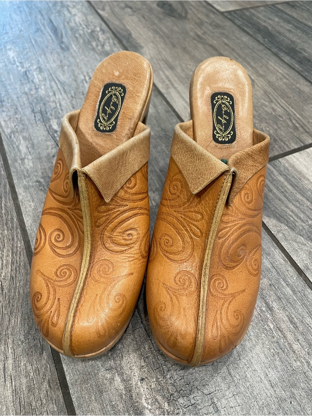 Women's Tan Leather Slip-On Clogs with Swirl Embossing